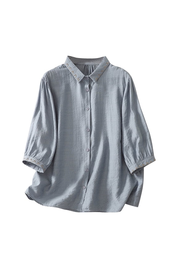 Going Out Tops for Women Collared Three Quarter Sleeve with Embroidered Cuff and Button Front,Sizes M-2XL