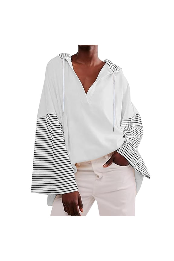Hoodies for Women Color Block Hooded Design with Striped Sleeve Accents and Deep V-Neck Opening,Sizes S-2XL