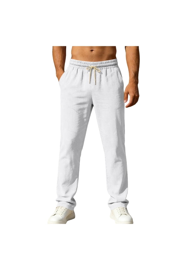 Linen Pants Men Breathable Waffle Straight Subtle Grid Texture Adjustable Contrast Drawstring Waist Solid Streetwear Slacks,Sizes S-3XL