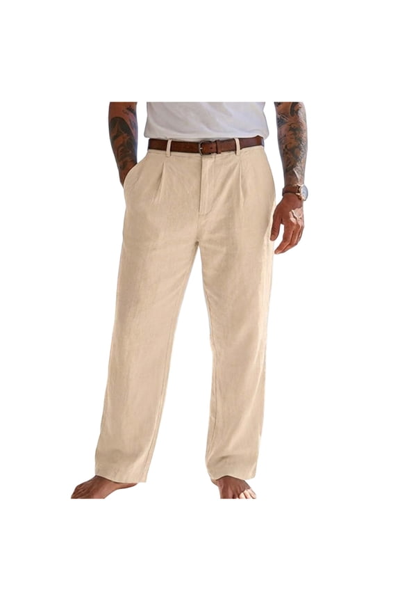 Linen Pants Men Double Pleated Wide Leg Belt Loops Mid Rise Wrinkle Resistant Straight with Pockets,Sizes S-3XL
