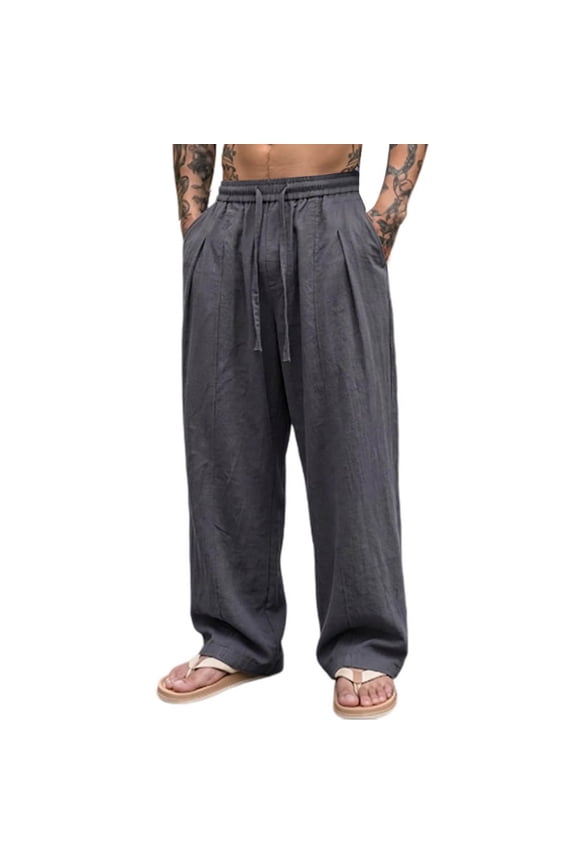 Linen Pants Men Elastic Drawstring Crinkled Pleated Roomy Side Pockets Lightweight Daily Travel Lounge,Sizes M-5XL