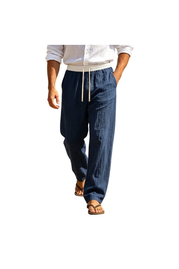 Linen Pants Men Relaxed Lightweight Straight Elastic Drawstring Waist Side Pockets Crinkle Texture Summer Slacks,Sizes S-2XL