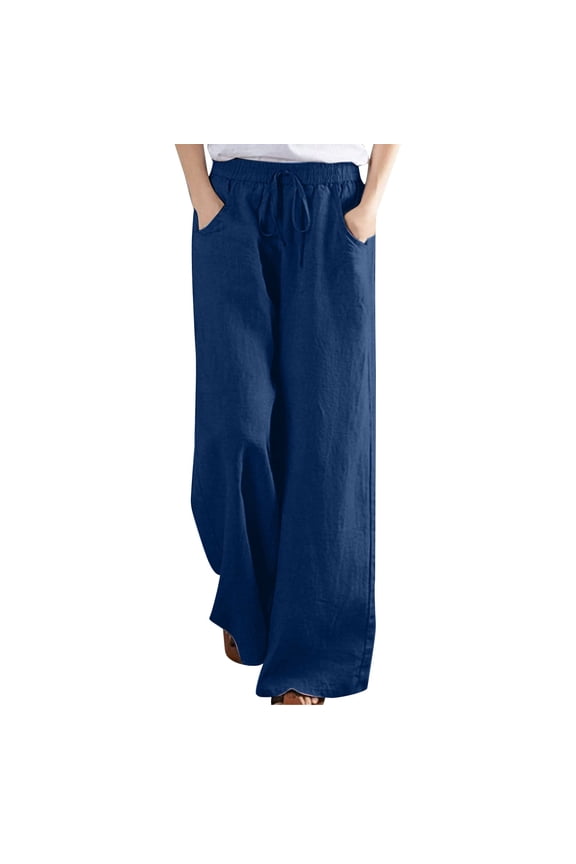 Linen Pants Women Solid Cotton Linen Elastic Waist Straight Wide Leg Spring Casual,Sizes S-4XL