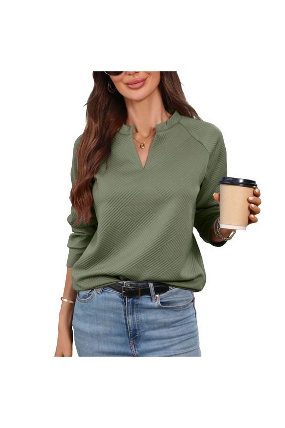 Long Sleeve Shirts for Women Elegant Textured Knit Notched V Neck Small Ruffle Collar Raglan Lightweight,Sizes S-2XL