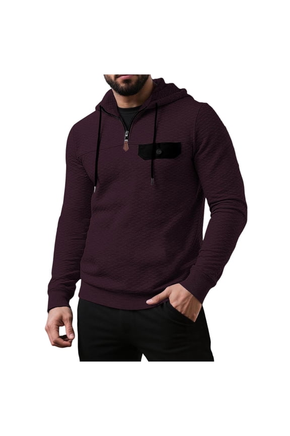 Men's Hoodies Packable Thin Textured Quarter Zip Drawcord Chest Button Pocket Outdoor Travel Light Pullover,Sizes S-3XL
