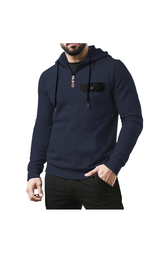 Men's Hoodies Packable Thin Textured Quarter Zip Drawcord Chest Button Pocket Outdoor Travel Light Pullover,Sizes S-3XL