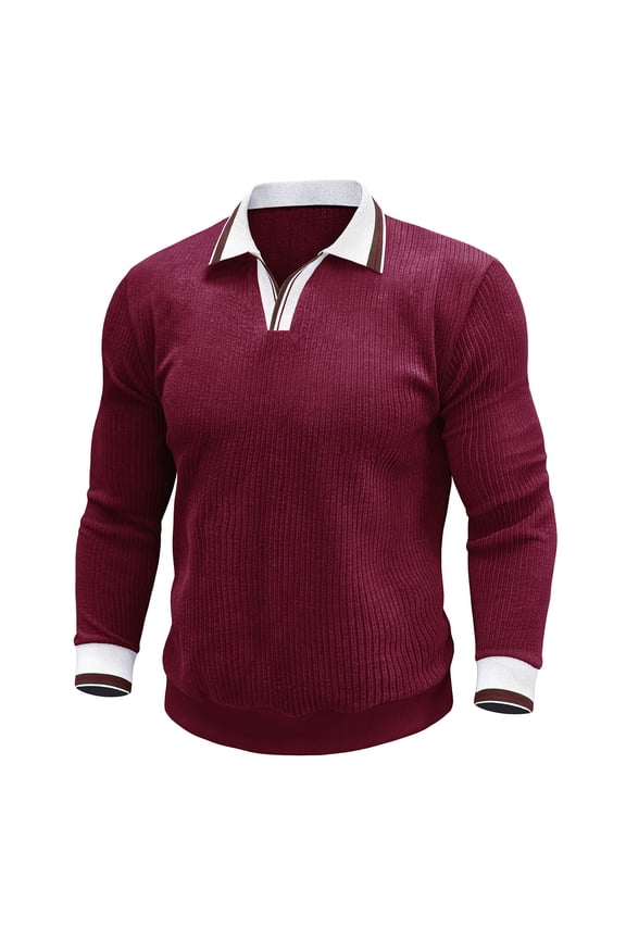 Men's Sweatshirts Striped Collar Ribbed Knit Contrast Trim Lapel V Neck Rib Cuff Long Sleeve Casual Pullover,Sizes S-2XL