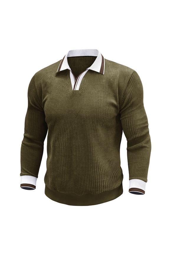 Men's Sweatshirts Striped Collar Ribbed Knit Contrast Trim Lapel V Neck Rib Cuff Long Sleeve Casual Pullover,Sizes S-2XL