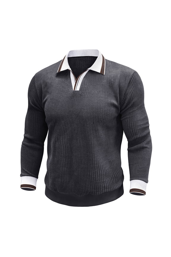 Men's Sweatshirts Striped Collar Ribbed Knit Contrast Trim Lapel V Neck Rib Cuff Long Sleeve Casual Pullover,Sizes S-2XL
