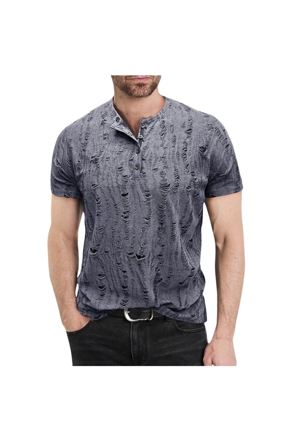 Mens Shirts Vertical Texture Destroy Technique Half Placket Henley Neck Design Simple Basic Style,Sizes S-2XL