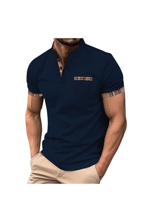 Mens T-shirts Button Pocket Stand Collar Leisure Pullover Cut,Sizes S-3XL