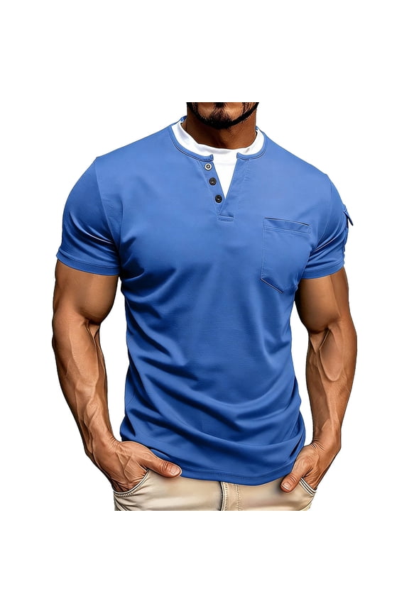 Mens T-shirts Fake Double Layer Pocket Round Neck Trend Pullover Form,Sizes S-3XL