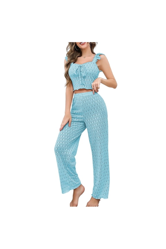 Pajamas for Women Set Delicate Lace Solid Color Small Flying Sleeve Lace Suspender Trousers Two-piece Home Service Set,Sizes S-XL