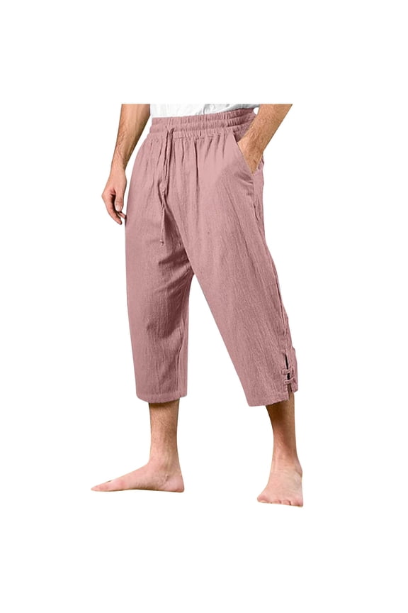 Pants for Men Crinkle Linen 3/4 Cut Simple Drawstring Side Frog Button Loose Vacation Outfit,Sizes S-3XL