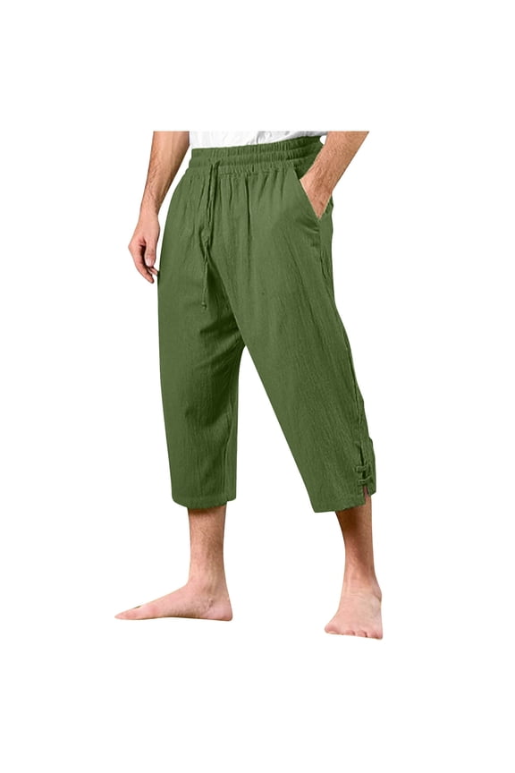 Pants for Men Crinkle Linen 3/4 Cut Simple Drawstring Side Frog Button Loose Vacation Outfit,Sizes S-3XL