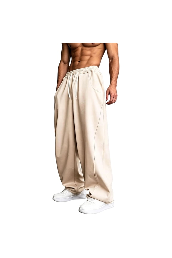 Pants for Men Oversized Baggy Lounge Wide Leg Cut Curved Stitch Decor Elastic White Drawstring Solid Color Daily Wear,Sizes S-3XL