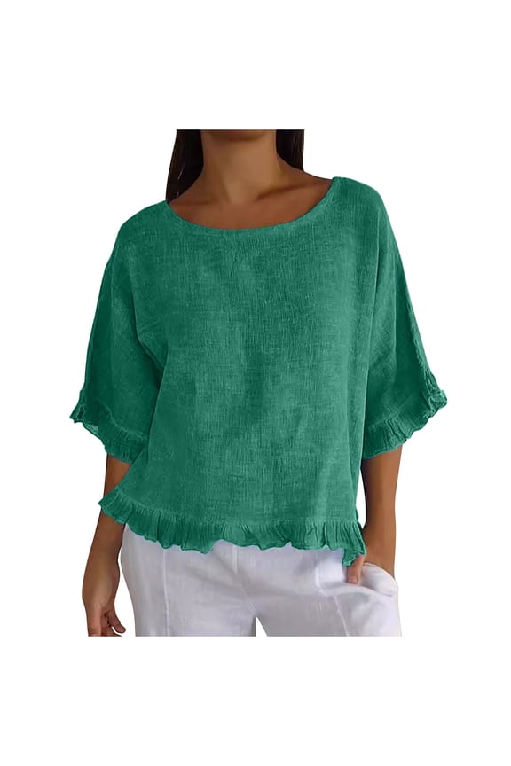 Short Sleeve Tops for Women Crew Neck Casual Cotton Linen Seven Quarter Sleeve Ruffle Pleated Hem,Sizes S-2XL