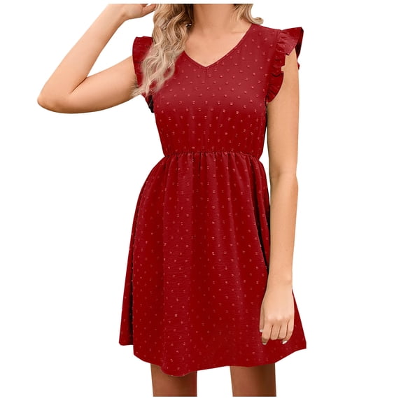 Aeguzox Summer Dresses for Women Wooden Ear Waistband V-Neck Vacation Casual Dress,Sizes S-2XL