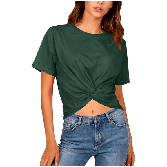 Aeguzox Summer Tops for Women Slim Fit Front Knot Design Cropped Crewneck for Fresh Look,Sizes S-3XL
