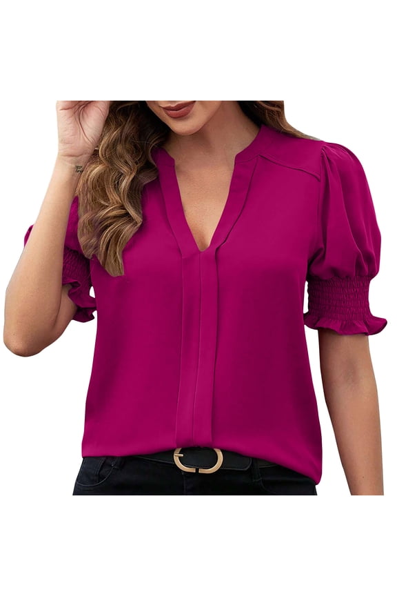 Summer Tops for Women Small Stand Collar Smocked Elastic Puff Sleeve Center Vertical Ruffle Cuff Chiffon,Sizes S-2XL