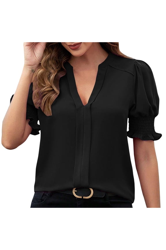 Summer Tops for Women Small Stand Collar Smocked Elastic Puff Sleeve Center Vertical Ruffle Cuff Chiffon,Sizes S-2XL