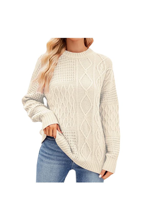 Sweaters for Women Alternate Mesh Cable Design Crew Neck Edge Divided Diamond Block and Straight Rib Bottom Styling,Sizes S-XL