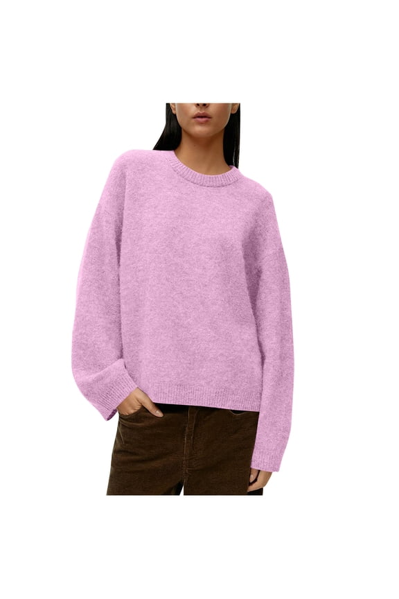 Sweaters for Women Neat Rib Trim Finish Crew Neck Full Plush Heather Knit Oversized Wide Sleeve Layout,Sizes S-L