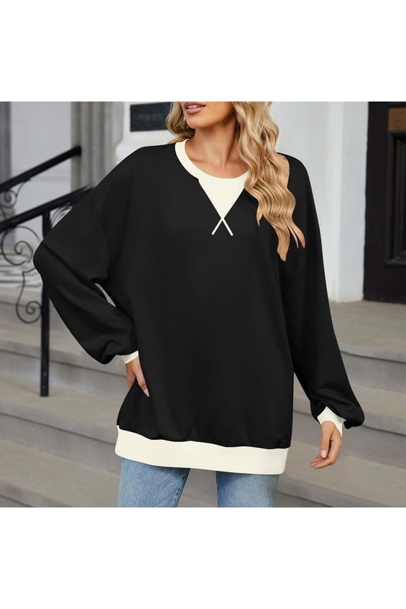 Sweatshirt for Women Minimalist Contrast Trim Fake Layer Oversized Drop Shoulder V Neck Bubble Puff Sleeve Ribbed Hem Lightweight,Sizes S-2XL