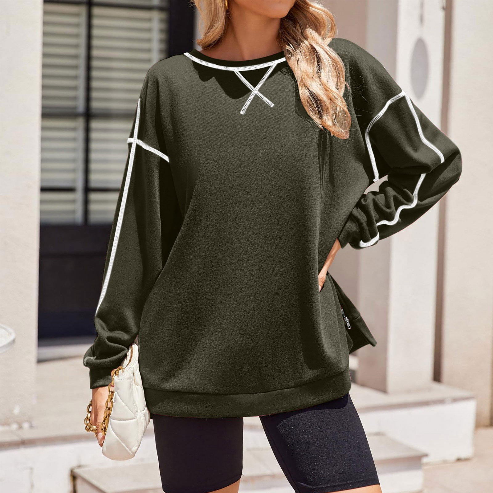 Aeguzox Sweatshirts for Women Contrast Stitch Crew Neck Long Sleeve ...