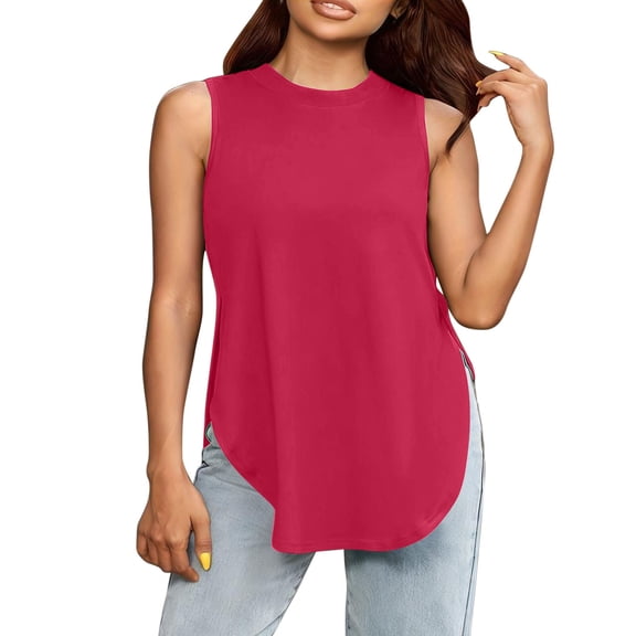 Aeguzox Tank Tops for Women Drapey Slit Sleeveless Top Round Neck Curved Hem Loose Slimming,Sizes S-2XL