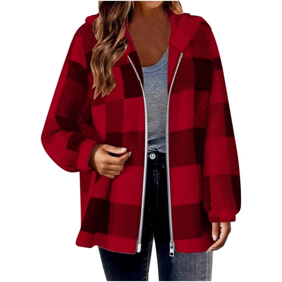 Aeguzox Winter Jackets for Women Fleece Coats with Hooded Plus Size Warm Casual Plaid Printed Loose ,Size S-5XL
