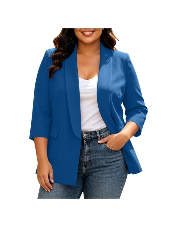 Women Blazer Lightweight Three-quarter Sleeve Solid Color Plus Size Versatile Outer Jacket for All‑Season Layering,Size L-5XL