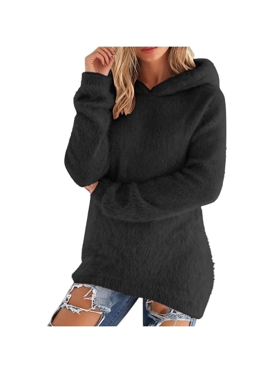 Lzobxe Women Hoodies Long Sleeve Casual Fall Fleece Fuzzy Tunic Tops with Pocket,Sizes S-2XL