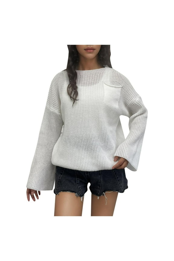 Women's Sweaters Boxy Oversized Structure Round Neck Patch Detail and Rib Bound Wide Sleeve Finish,Sizes S-2XL