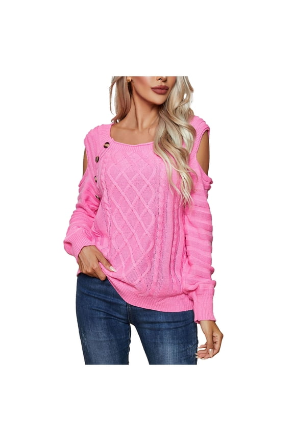 Women's Sweaters Front Geometric Diamond Cable Pattern Square Neck Cold Shoulder Spaced Side Wood Buttons,Sizes S-XL