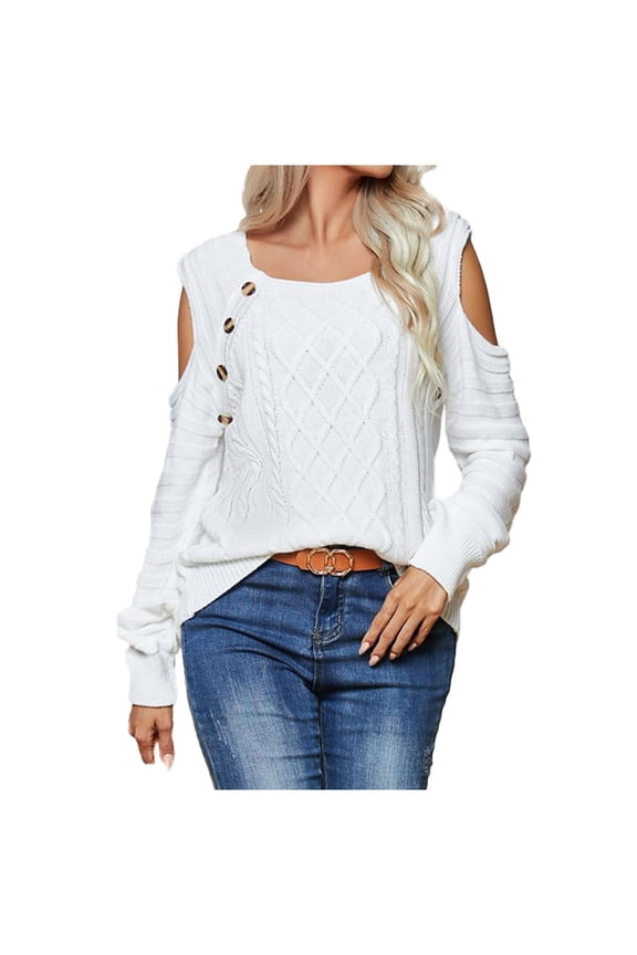 Women's Sweaters Front Geometric Diamond Cable Pattern Square Neck Cold Shoulder Spaced Side Wood Buttons,Sizes S-XL