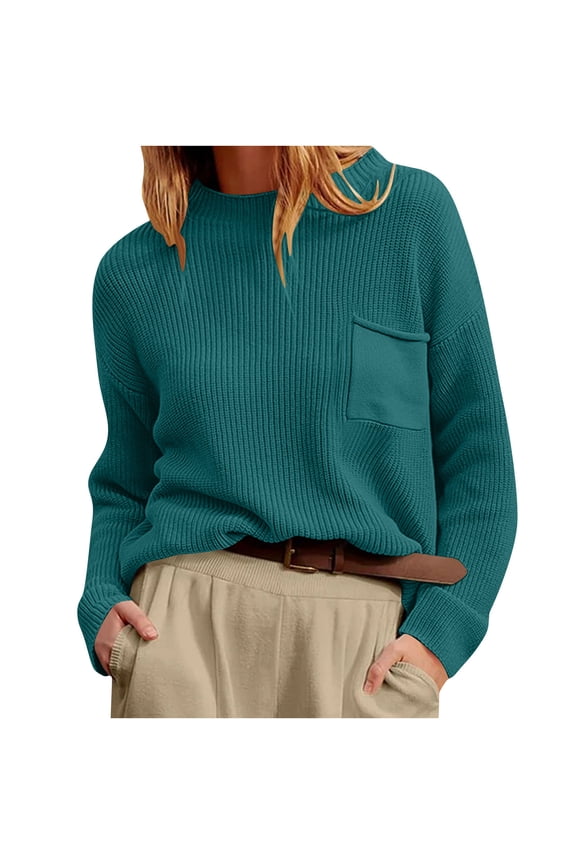 Women's Sweaters Loose Boxy Silhouette Allover Vertical Rib Front Patch Pocket Elastic Rib Bound Sleeve Ends,Sizes S-3XL