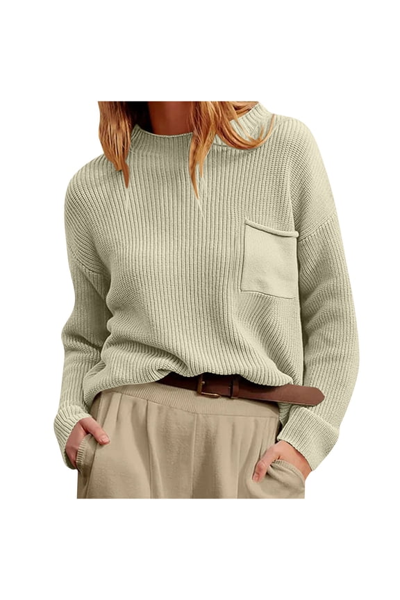 Women's Sweaters Loose Boxy Silhouette Allover Vertical Rib Front Patch Pocket Elastic Rib Bound Sleeve Ends,Sizes S-3XL