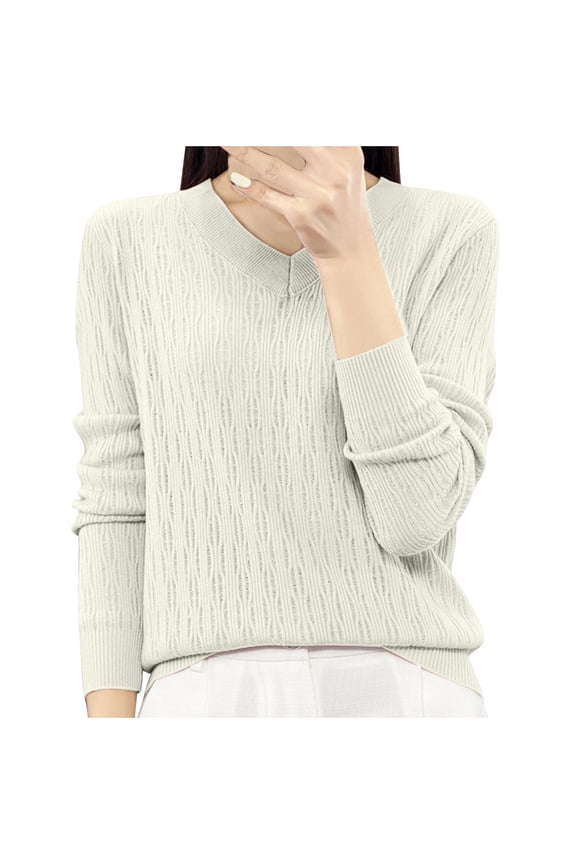 Women's Sweaters Neat Ribbed Notch V Neck Airy Wavy Open Weave Regular Waist Full Sleeve,Sizes S-2XL