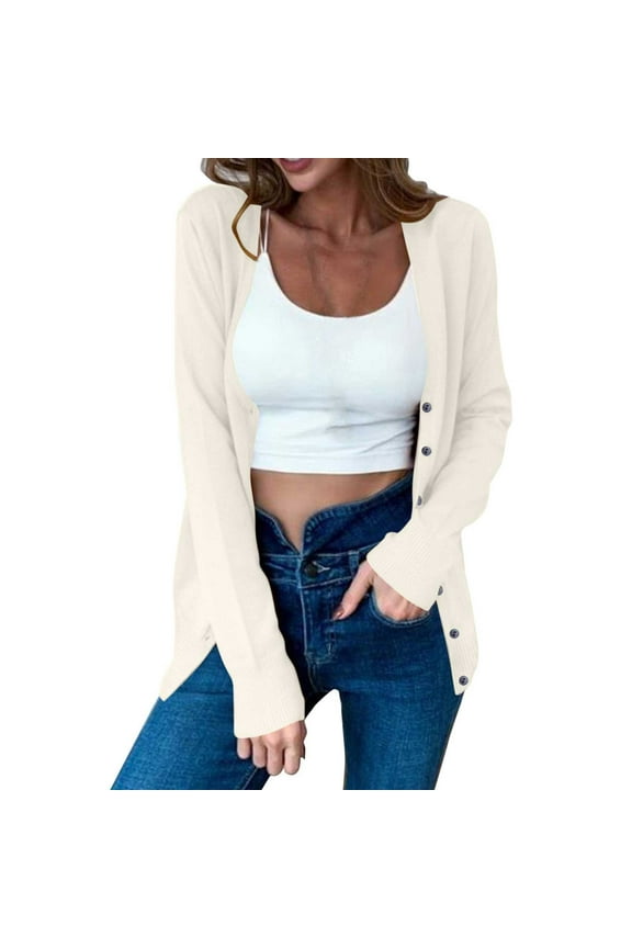 Women's Sweaters Single Row Button Layout Smooth V Neck Knit and Dual Side Rib Cuff Hem Layout,Sizes S-3XL