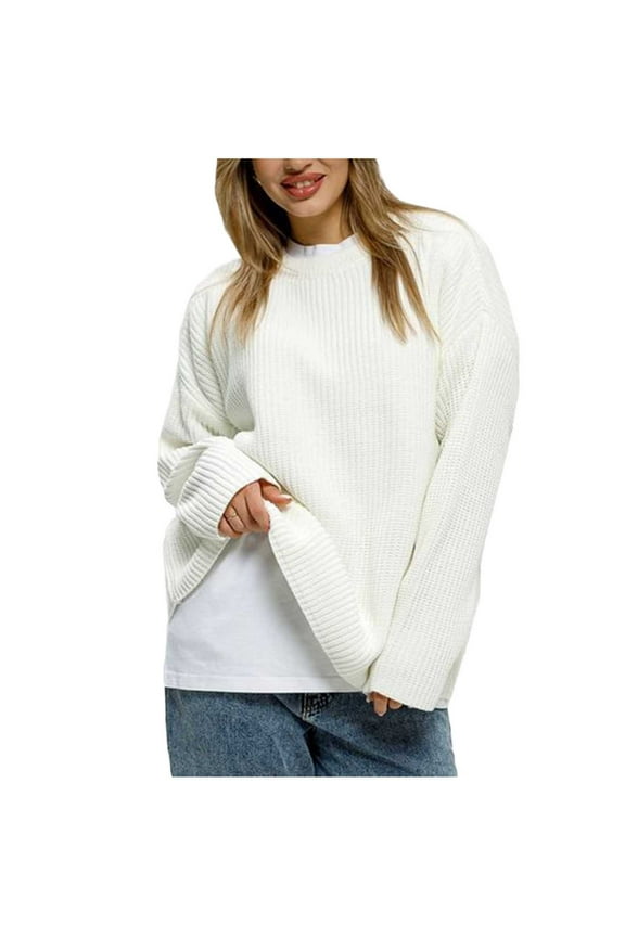 Women's Sweaters Uniform Rib Trim Finish Crew Neck Full Thick Vertical Rib Oversized Wide Sleeve Silhouette,Sizes S-XL