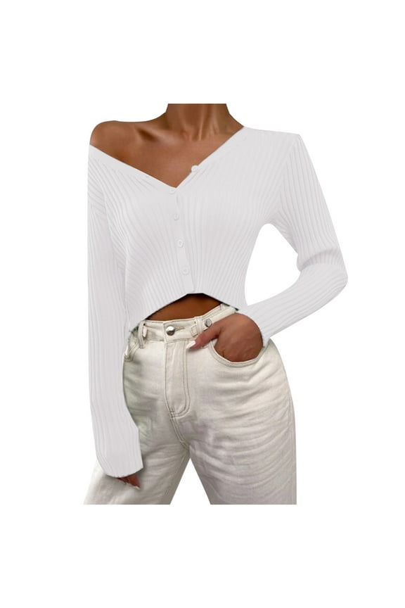 Women's Sweaters Vertical Rib Weave Styling Slanted Dual Shoulder Cut and Front Button Cropped Edge Feature,Sizes S-3XL