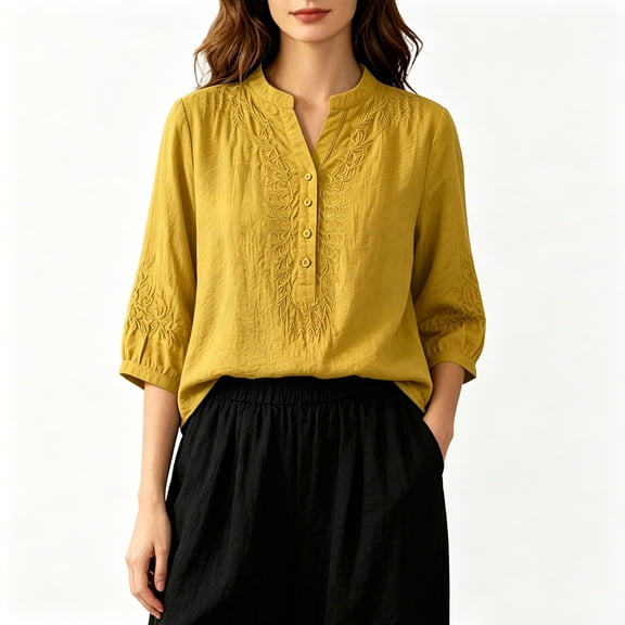 Aeguzox Womens Blouses Mandarin Collar with Partial Button Front and Embroidered Accents,Sizes M-4XL