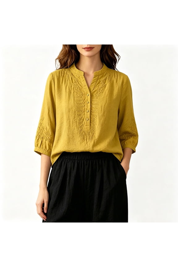 Womens Blouses Mandarin Collar with Partial Button Front and Embroidered Accents,Sizes M-4XL