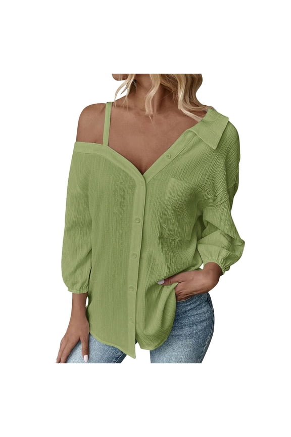 Womens Blouses Off Shoulder Three Quarter Sleeve with Crinkle Texture and Asymmetrical Neckline,Sizes S-XL