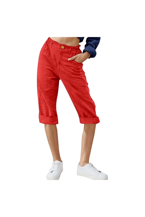 Womens Capris Rolled Cuff Hem Culottes Elastic Waist Button Accent Side Pockets Linen Feel Relaxed Fit,Sizes S-3XL