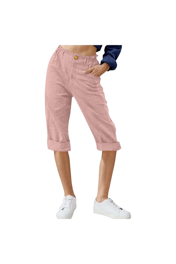 Womens Capris Rolled Cuff Hem Culottes Elastic Waist Button Accent Side Pockets Linen Feel Relaxed Fit,Sizes S-3XL