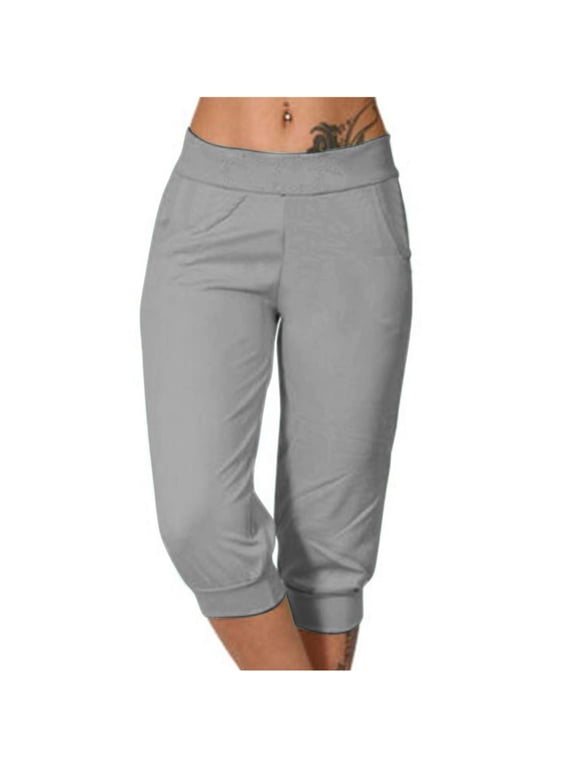 Womens Capris Wide Elastic Waistband Culottes with Side Pockets Jogger Cuff Hem Soft Stretchy Jersey Fabric,Sizes S-3XL
