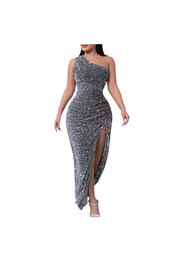 Womens Dresses Evening Gala Ready One Shoulder Sequin Ruched High Slit Form-Fitting Maxi Fit,Sizes S-2XL