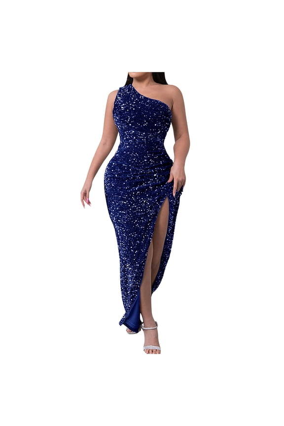 Womens Dresses Evening Gala Ready One Shoulder Sequin Ruched High Slit Form-Fitting Maxi Fit,Sizes S-2XL